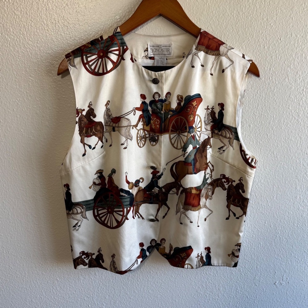 Doncaster Silks Size 10 Ivory Equestrian Horse Print Vest Preppy Formal Vintage